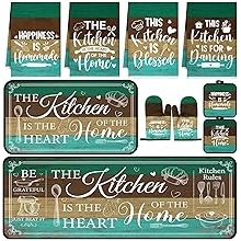 10 Pcs Farmhouse Kitchen Decor and Accessories Set 4 Kitchen Towels 2 Pot Holders 2 Oven Mitts 2 Rugs for Cooking Baking Mom Housewarming GiftsGreen,Classic Style