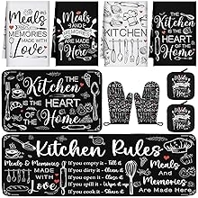 10 Pcs Farmhouse Kitchen Decor Oven Mitts and Pot Holders Sets Kitchen Dish Towels Black and White Rustic Pattern Oven Gloves for Home Decorations Baking Cooking Christmas Valentines Gifts