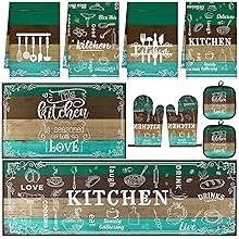 10 Pcs Farmhouse Kitchen Decor Sets, 4 Green Kitchen Dish Towels 2 Teal Pot Holders 2 Oven Mitts Glove Brown Rustic Non Slip Rugs and Mats for Floor Home Decorations Accessories Mom Gifts