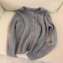 100% Pure Wool Cable Round Neck Women's Twist Fashion Casual Elegant Knitted Cardigan Sweater Autumn and Winter Jacket