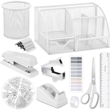 11 in 1 White Desk Organizers and Accessories, White Office Supplies White Desk Accessories Include White Stapler and Tape Dispenser Set Pen Holder Staple Remover Clips Ruler Scissors Tapes Tabs