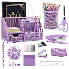 12-in-1 Purple Office Supplies Desk Organiser and Accessories Set, Office Supplies with Purple Stapler, Pen Holder, Tape Holder, Staples, Staple Remover for School and Gifts for Colleagues
