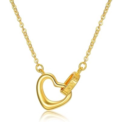 18K Solid Gold Heart Necklace for Women, Real Gold Engraved Love Heart Pendant Christmas Anniversary Present Jewelry for Wife, Mom 18