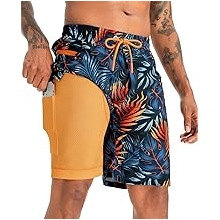 2 in 1 Men's Swim Trunks 9" with Zipper Pockets Bathing Suit Built-in Board Shorts Swimwear Long Shorts