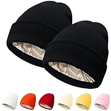 2 Packs Womens Satin Lined Beanie Hat Silk Lining Winter Hats Beanies for Women Soft Slouchy Beanie Skull Cap
