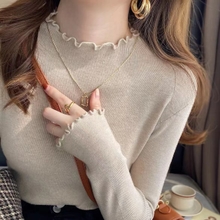 2025 Korean Style Trendy Ruffled Half-High Collar Knit Sweater for Women, Autumn and Winter Slim Fit Thin Base Layer Top