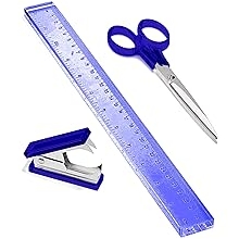 OfficeGoods 3 Piece Acrylic Desk Set - Includes Ruler, Staple Remover, Scissors - Functional & Elegant Desk Accessories - Stationery Tools for Home, Office, and School - Blue with Silver Metal