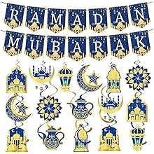 34 Pcs Ramadan Decorations for Home, Pre-Assembled Ramadan Mubarak Banner, Eid Mubarak Muslim Decor with Hanging Swirls Garland, Eid Party Supplies Decorations