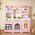 Reasea Kids Wooden Play Kitchen Set , Toddler Toy Pretend Kitchen Playset with 24 Accessories, Realistic Light & Sound, Realistic Appliances & Storage for Kids Ages 3+, Pink