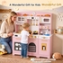 Reasea Kids Wooden Play Kitchen Set , Toddler Toy Pretend Kitchen Playset with 24 Accessories, Realistic Light & Sound, Realistic Appliances & Storage for Kids Ages 3+, Pink