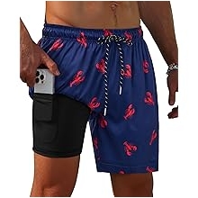7inch Mens Swim Trunks: 2 in 1 with Compression Liner Pockets Drawstring Quick Dry Stretch Lined Funny Beach Pool