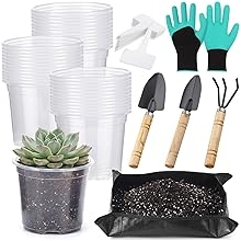83 Pcs Garden Supplies Tools Kit, 4 Inch Clear Plastic Plant Pots with Transplanting Mat, Trowel Cultivator Rake Set, Label & Glove, Succulent Tools Gift for Plant Lovers Accessory
