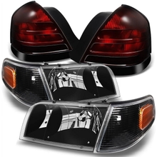 AKKON - For Ford Crown Victoria Black Headlights Repalcement Pair  Dark Red 2 Bulb Socket Tail Lights Combo Set