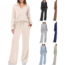 Amazon European and American Spring and Autumn New Fashion Casual Women's Long-Sleeve Drawstring Solid Color Commuter Pants Set