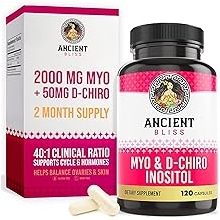 Ancient Bliss Myo & D-Chiro Inositol Supplement, 40 to 1 Ratio, Helps in Ovarian Function Support for Women, Vitamin B8 Helps to Regulate Menstrual Cycle, 2050mg per Serving, 120 Vegan Capsules