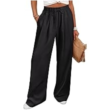 Women Wide Leg Linen Palazzo Pants Casual Elastic Waist Drawstring Flowy Loose Beach Travel Trousers with Pockets