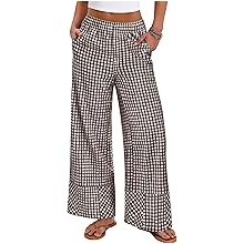 Womens Gingham Pants Checkered Plaid Striped Boxer Wide Leg Palazzo Pants Lounge PJ Bottoms Trousers with Pockets
