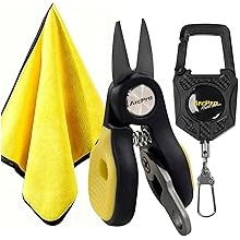 Titanium-Coated Fishing Line Cutter Saltwater Set, Fishing Scissors for Braided Line with Retractable Zinger & Thick Microfiber Towel, One-Hand Operation Anti-Rust Compact Braid Scissors