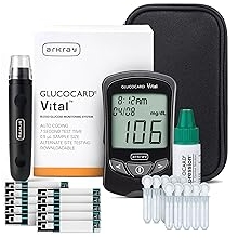 ARKRAY GLUCOCARD Vital Blood Glucose Meter Kit Complete Glucose Monitoring System with Meter, 10 Test Strips, 10 Lancets, Control Solution, Lancing Device & Carrying Case