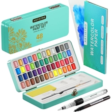 ARTISTRO Watercolor Paint Set, 48 Vivid Colors in Portable Box, Palette set, Including Metallic and Fluorescent Colors. Perfect Travel Watercolor Set for Artists, Amateur Hobbyists and Painting Lovers