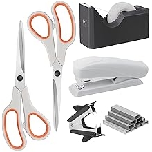 Office Supplies Kit, Basic Style, Including Scissors, Stapler, Staples, Remover, Tape Dispenser & Tape, White and Orange