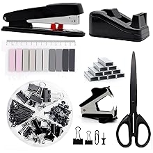 Black Office Supplies,Black Desk Accessories,Stapler and Tape Dispenser Set for with Large Stapler,Tape Dispenser, Staple Remover, Staples, Clips,Scissor and Tabs,Gifts for Office Clerks