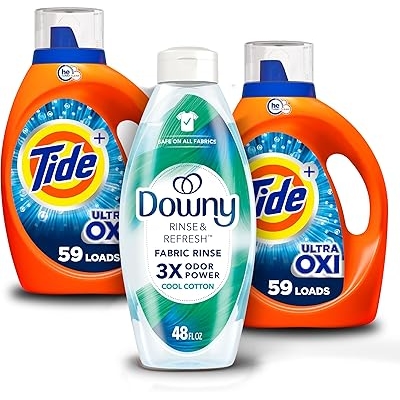 Bundle of Tide Ultra Oxi Liquid Laundry Detergent, 59 Loads, 84 fl oz,  Downy Rinse & Refresh Laundry Odor Remover And Fabric Softener, Safe On All Fabrics, Cool Cotton, 48 Fl Oz