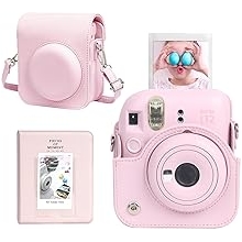CAIYOULE Camera Case for Fujifilm Instax Mini 12 Instant Film Camera, Retro PU Leather Protective Camera Crossbody Bag for Fuji Mini 12 with 64 Photo Album, Adjustable Shoulder Strap, Blossom Pink