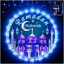 Capoda 9.45 Ramadan Window Lights Eid Mubarak Decorations Moon Start and End with Allah Wall Art Lights up Muslim Plaque for Door Home Eid Al Fitr Party Supplies, Blue