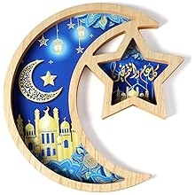 Capoda Ramadan Serving Tray Decoration - Wooden Moon and Star Tray Eid Mubarak Kareem Pastry Plate Gold Blue Food Dessert Snack Fruit Plate for Islamic Gifts Muslim Home Eid Party Supplies