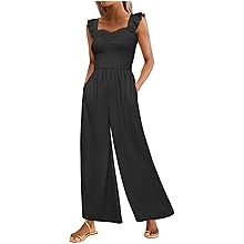 Womens Jumpsuit Sleeveless Casual Dressy Smocked Wide Leg Rompers Summer Vacation Jumpers with Pockets 2026 Outfits