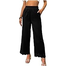 Casual Pants for Women High Waisted Elastic Wide Leg Pants Eyelet Lace Hem Trousers with Pockets