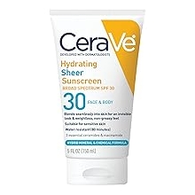 CeraVe Hydrating Sheer Sunscreen with SPF 30 for Face and Body, Mineral & Chemical Sunscreen for Men & Women with Zinc Oxide, Hyaluronic Acid and Ceramides, Paraben-Free + Fragrance-Free, 5 Ounces