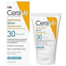 CeraVe Hydrating Sheer Sunscreen with SPF 30 for Face and Body, Mineral & Chemical Sunscreen for Men & Women with Zinc Oxide, Hyaluronic Acid and Ceramides, Paraben-Free + Fragrance-Free, 3 Ounces