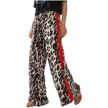 Women's Casual Pants Drawstring Leopard Print Color Block Side Striped Straight Leg Wide Leg Loose Pants