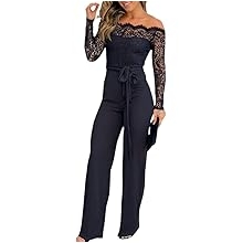 Womens Dressy Jumpsuits Casual One Piece Outfits Off Shoulder Lace Trim Overalls Straight Leg Pants