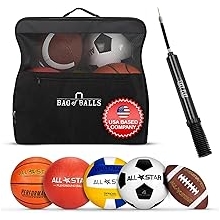 Complete Sports Balls w/Bag, Pump for Boys - Kickball, Volleyball, Soccer Ball, Football, Basketball - Outdoor Play