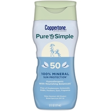 Coppertone Pure and Simple Zinc Oxide Mineral Sunscreen Lotion SPF 50, Body Sunscreen, Water Resistant, Broad Spectrum SPF 50 Sunscreen for Sensitive Skin, 6 Fl Oz Bottle