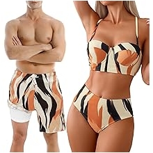 Couples Matching Swimsuit Zebra Print, Push-Up Bra Women Bikini Set, Soft Elastic Men Swim Trunks