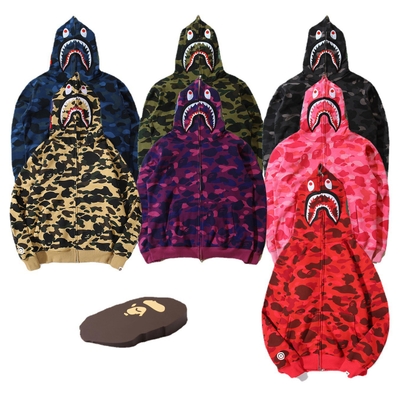 Cross-border Trendy Brand Bape Embroidered Shark Camouflage Sweater fleece-lined Zipper Hoodie Mens Cardigan