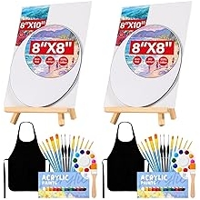 Date Night Painting Kit, 62 Pcs Detail Paint Brushes Canvas Panels with Wood Easel 12 Colors Acrylic Paint, Circular Canvas Art Aprons Sip and Paint Supplies for Adults, Kids, and Beginner