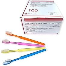 Disposable toothbrushes with toothpaste 100 pieces individually hygienically packed 4 different colors 4 x 25 pieces