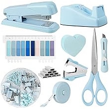 OFFCUP Desk Accessories Set, Office Supplies Kit, Includes Stapler, Tape Dispenser, Staple Remover, Staples, Clips, Scissor, Box Cutter, Tape Measure and Sticky Notes Students, Coworkers Blue