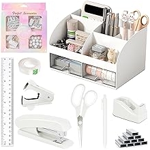 Desk Accessories with Pen Holder, Office Supplies Desk Organizers and Accessories, Tape Dispenser, Stapler, Staple Remover, Staples, Clips Set, Ruler, Scissor, Pen, Tape White