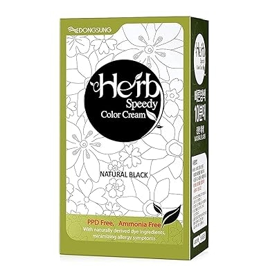 Dongsung Herb Speedy Color Cream Natural Black Korean Herbal Vegan Hair Dye, PPD-Free, Ammonia-Free, Hypoallergenic 100% Gray Coverage Odorless Dermatologically Tested Quick 20-Minute Application