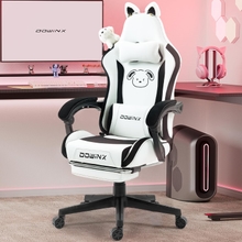 Dowinx Gaming Chair Cute with Plush Doggy and Massage Lumbar Support, Ergonomic Computer Chair for Girl with Footrest and Headrest, Comfortable Game Chair 290lbs for Adult, Teen, Black and White