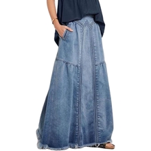 ebossy Women&amp;#39;s Casual Elastic Waist Frayed Hem A-Line Distressed Hippie Long Maxi Denim Skirt