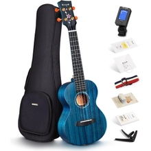 Enya Tenor Ukulele 26 Blue all Solid Mahogany with Cherry Blossom Pattern Ukelele Starter Kit With Case, Tuner, Strap, Strings, Capo, Sand Shaker, Picks, Polish Cloth EUT-MS BU