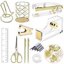 EOOUT Gold Office Supplies Set - Acrylic Stapler, Staple Remover, Phone & Tape Holders, Pen Holder, 2 Ballpoint Pens, Scissors, Binder Clips, Ruler, Transparent Glue & Staples