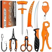 Fishing Gear Accessories Kit - Stainless Steel Fishing Pliers, Fish Fillet Knife, Hook Remover, Braid Scissors, Fish Lip Gripper, Tool Retractor, Lanyard - Gifts for Men Saltwater Fly Ice Fishing